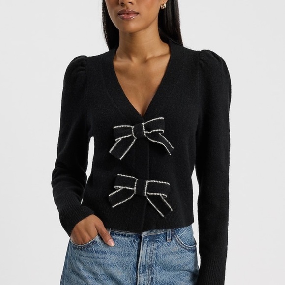 🎀 EXPRESS Bow V-Neck Puff Shoulder Cardigan Sweater in Black Medium M - Picture 1 of 14